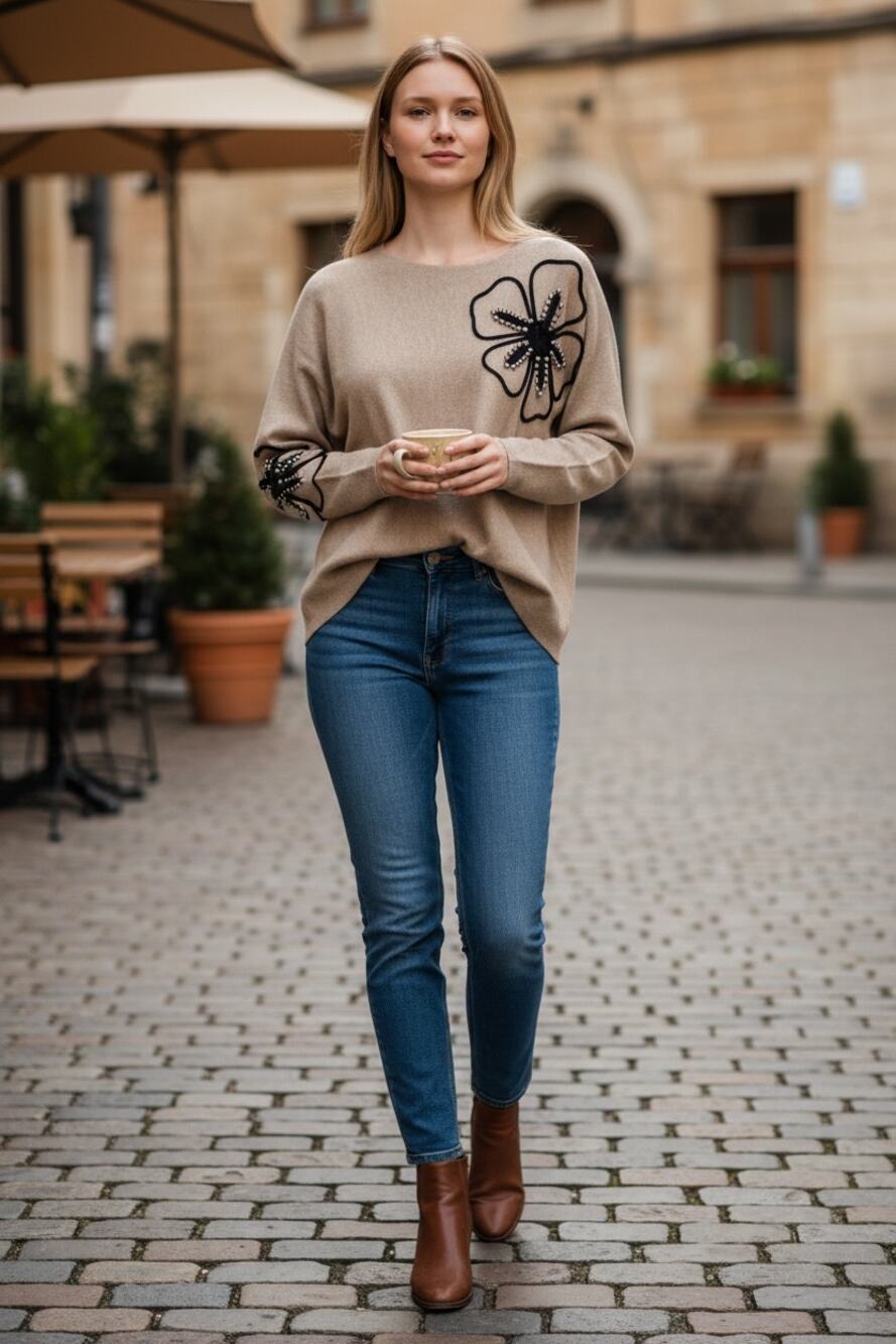 NWT LIV Milano S beige Sweater Embroidery Floral